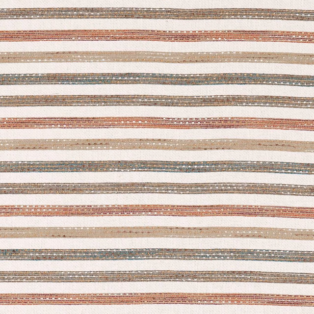 Cream woven fabric with irregular rust, taupe and blue-grey horizontal stripes