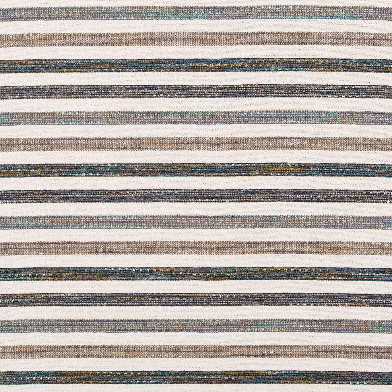 Muted teal, cream, taupe and grey horizontal stripes in a textured woven upholstery fabric