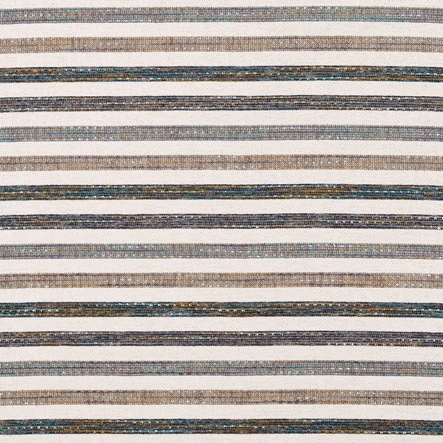 Muted teal, cream, taupe and grey horizontal stripes in a textured woven upholstery fabric