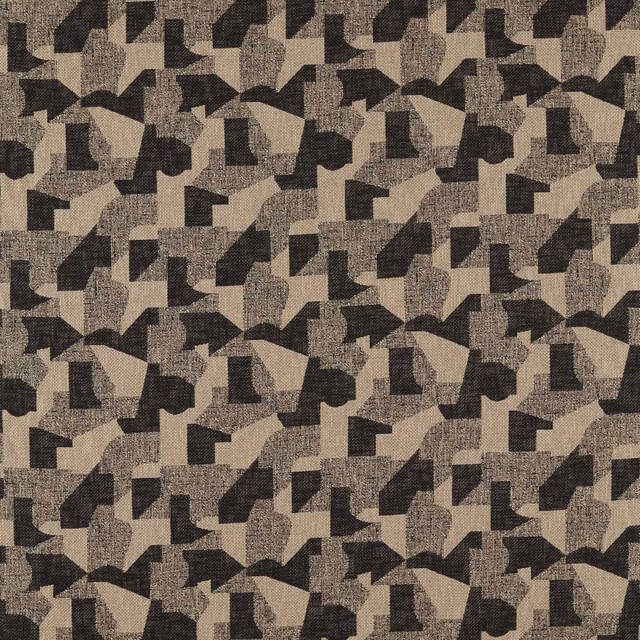 Charcoal and linen beige geometric upholstery weave with angular repeated forms