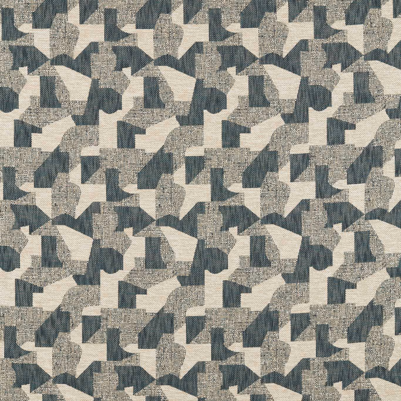 Muted moss, stone and charcoal geometric motifs in a chunky textured weave