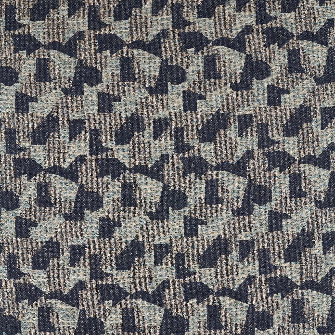 Espen Peacock fabric with charcoal abstract shapes on a cool blue-grey taupe woven ground