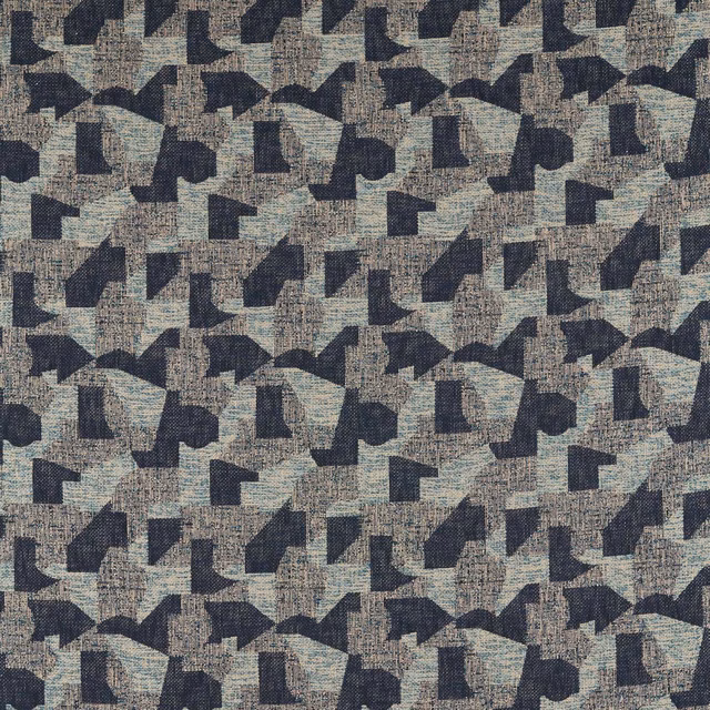 Espen Peacock fabric with charcoal abstract shapes on a cool blue-grey taupe woven ground