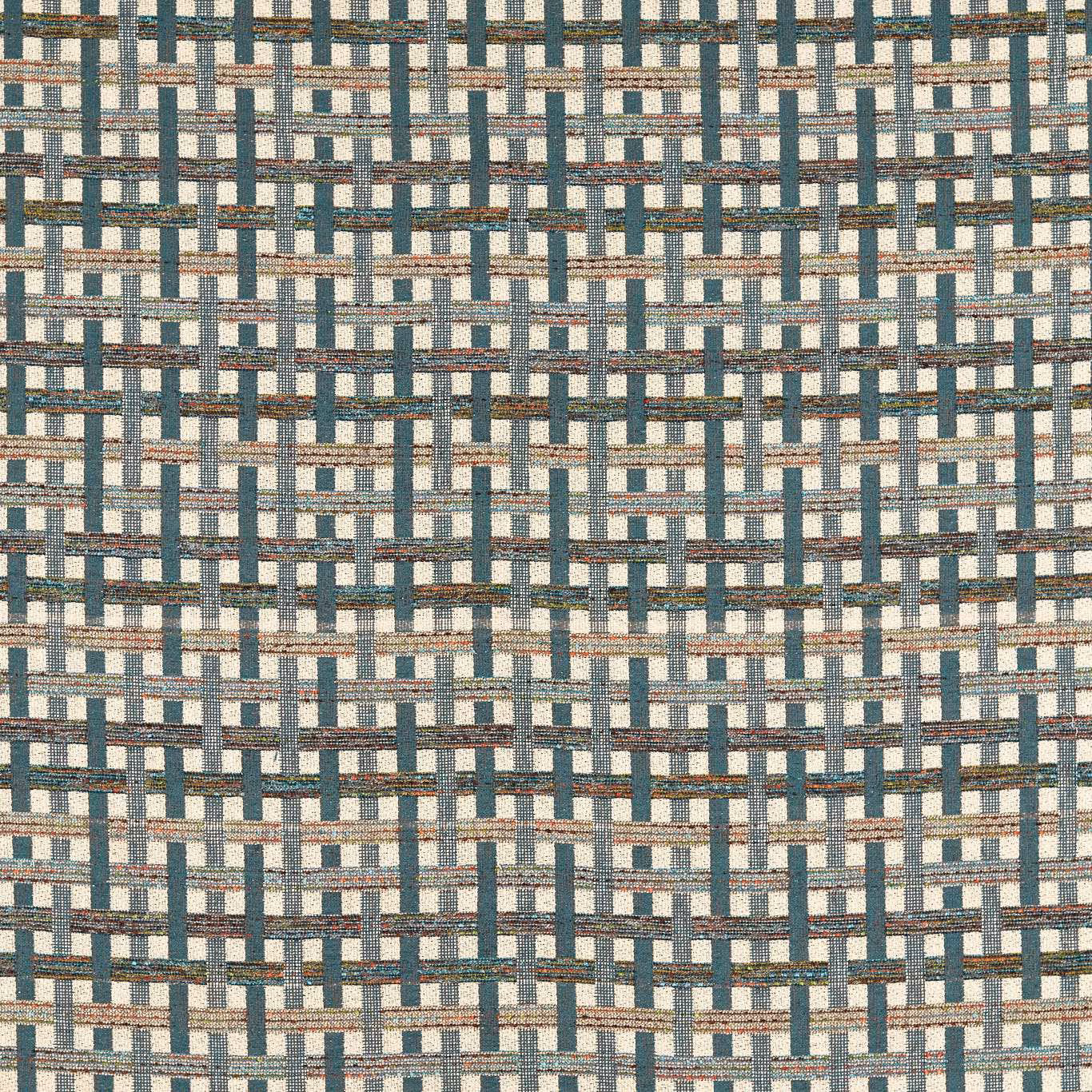 Kingfisher teal, cream and rust rectangular grid woven with a tactile slub texture