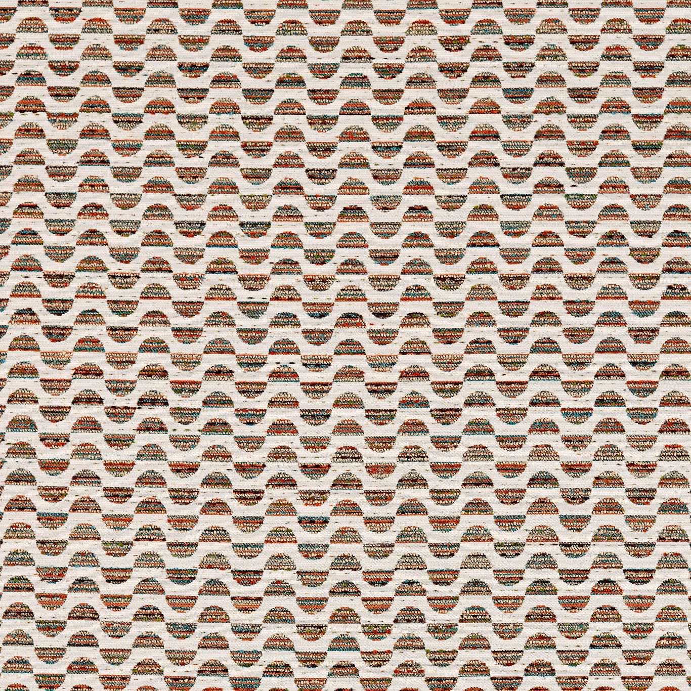 Cream woven upholstery with russet, brown, charcoal and muted teal stepped wave motifs