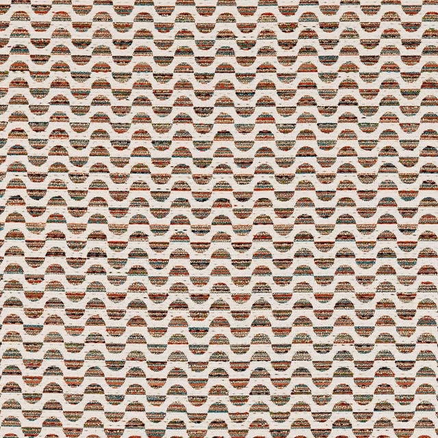 Cream woven upholstery with russet, brown, charcoal and muted teal stepped wave motifs
