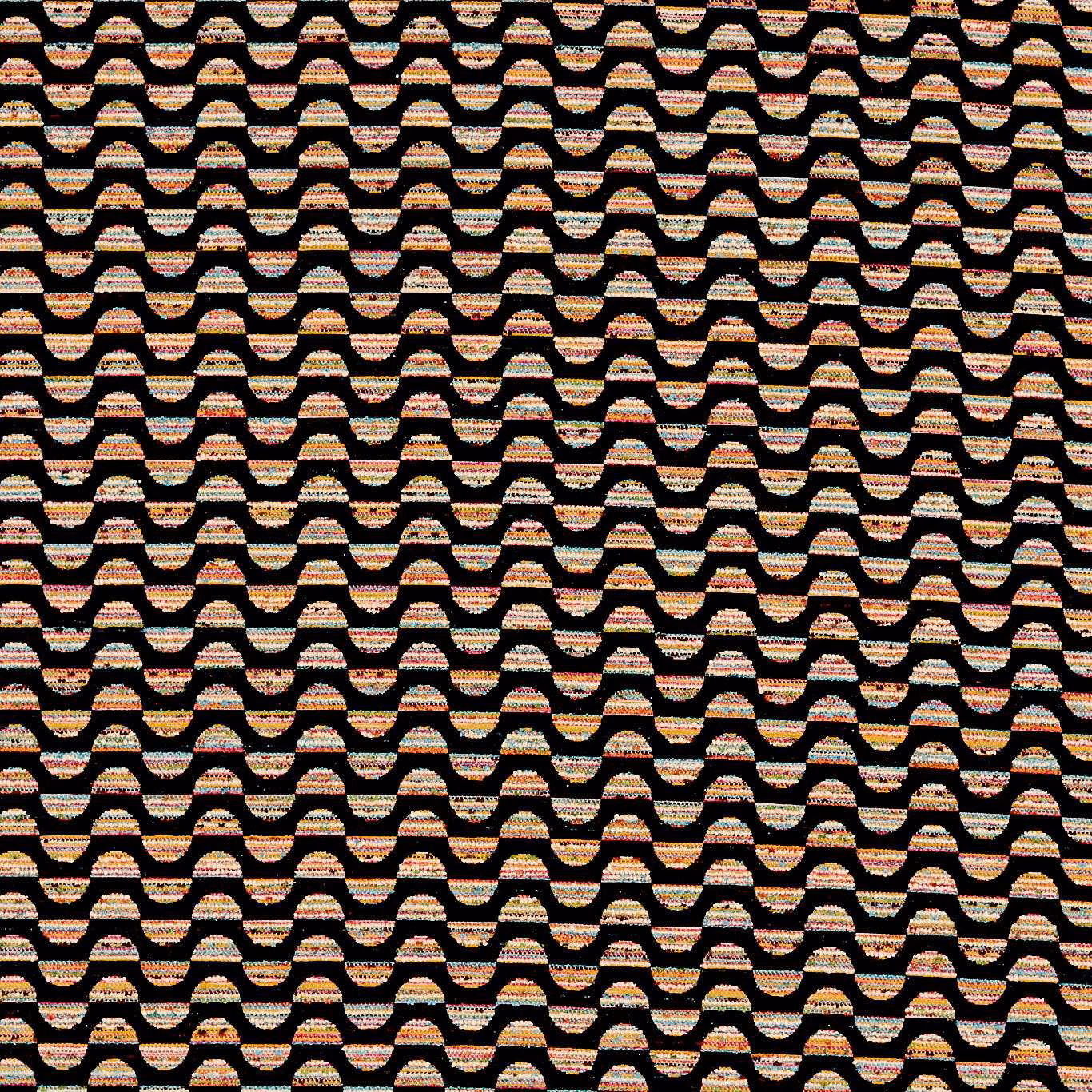 Charcoal woven fabric with small multicolour broken wave bands and tactile texture