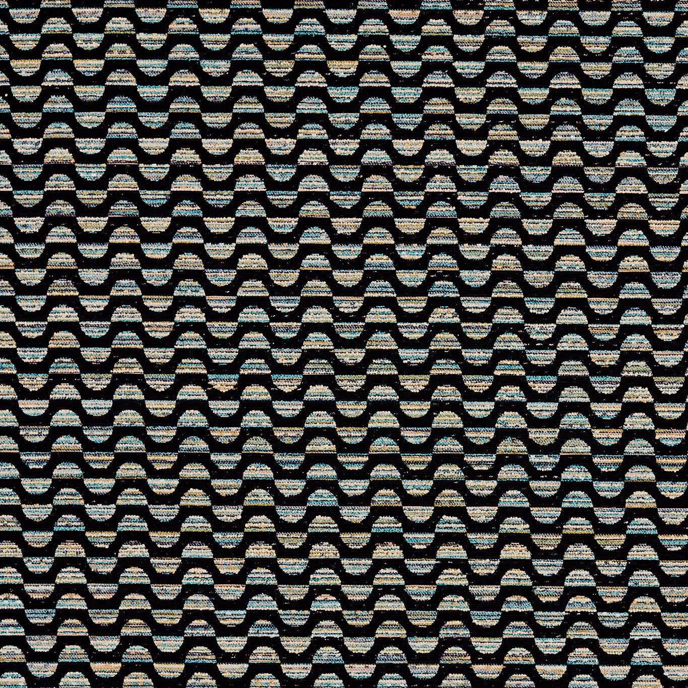 Black woven textile with cream wave rows and peacock-blue flecks