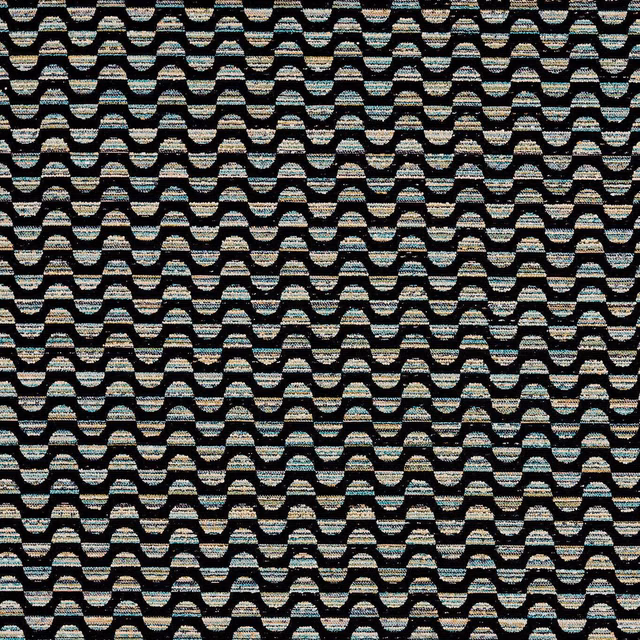 Black woven textile with cream wave rows and peacock-blue flecks