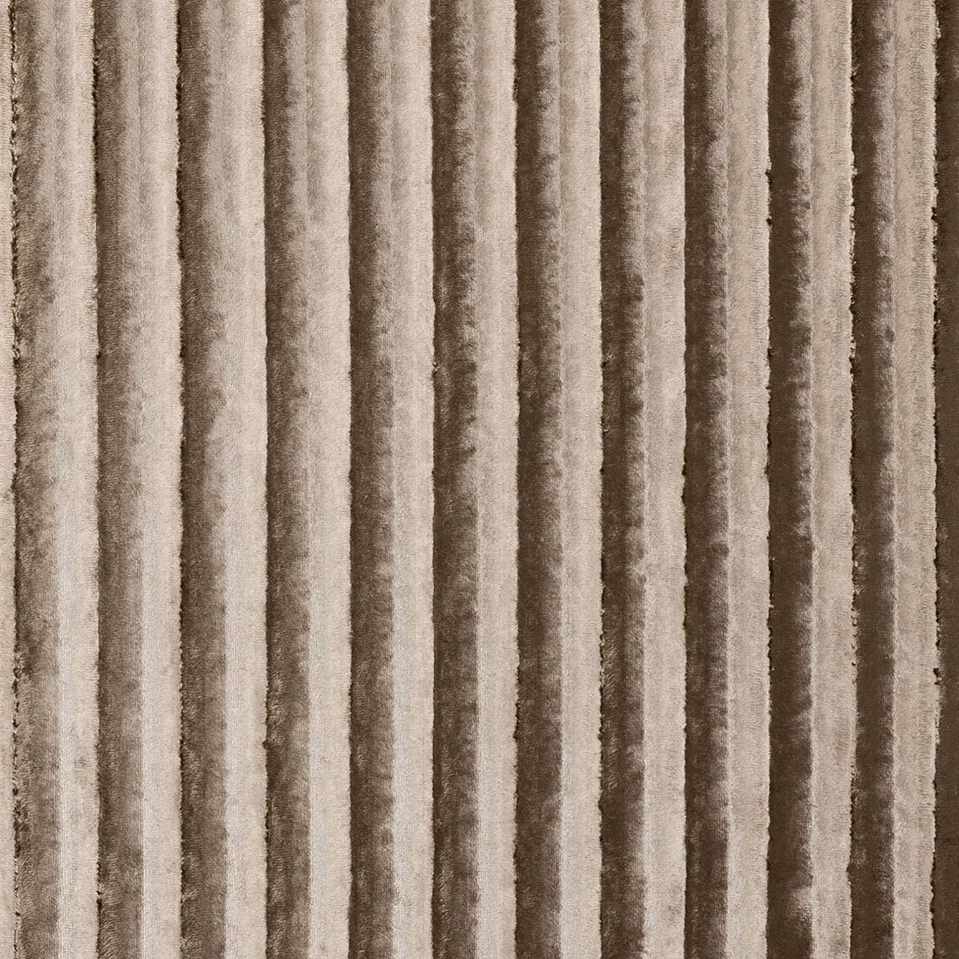 Ash taupe velvet with irregular vertical grey-brown stripes and softly brushed pile
