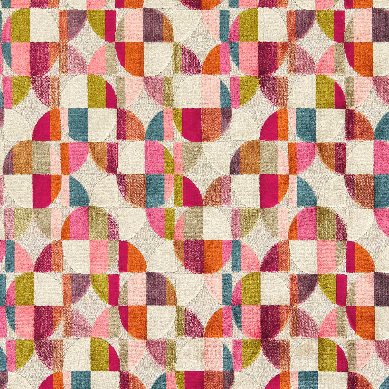 Magenta and peacock geometric circles and blocks on a textured cream ground