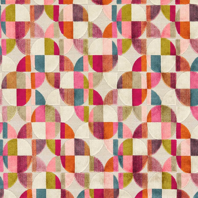 Magenta and peacock geometric circles and blocks on a textured cream ground