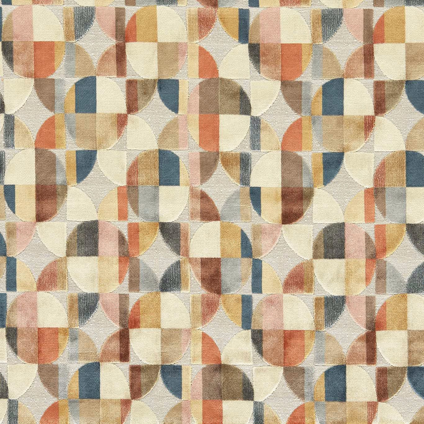 Muted multicolour woven geometric swatch with rust, blue, cream and rose curved blocks