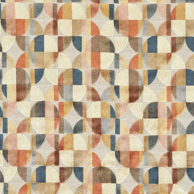 Muted multicolour woven geometric swatch with rust, blue, cream and rose curved blocks