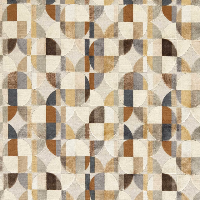 Natural geometric fabric with cream arches, taupe blocks, brown accents and muted blue
