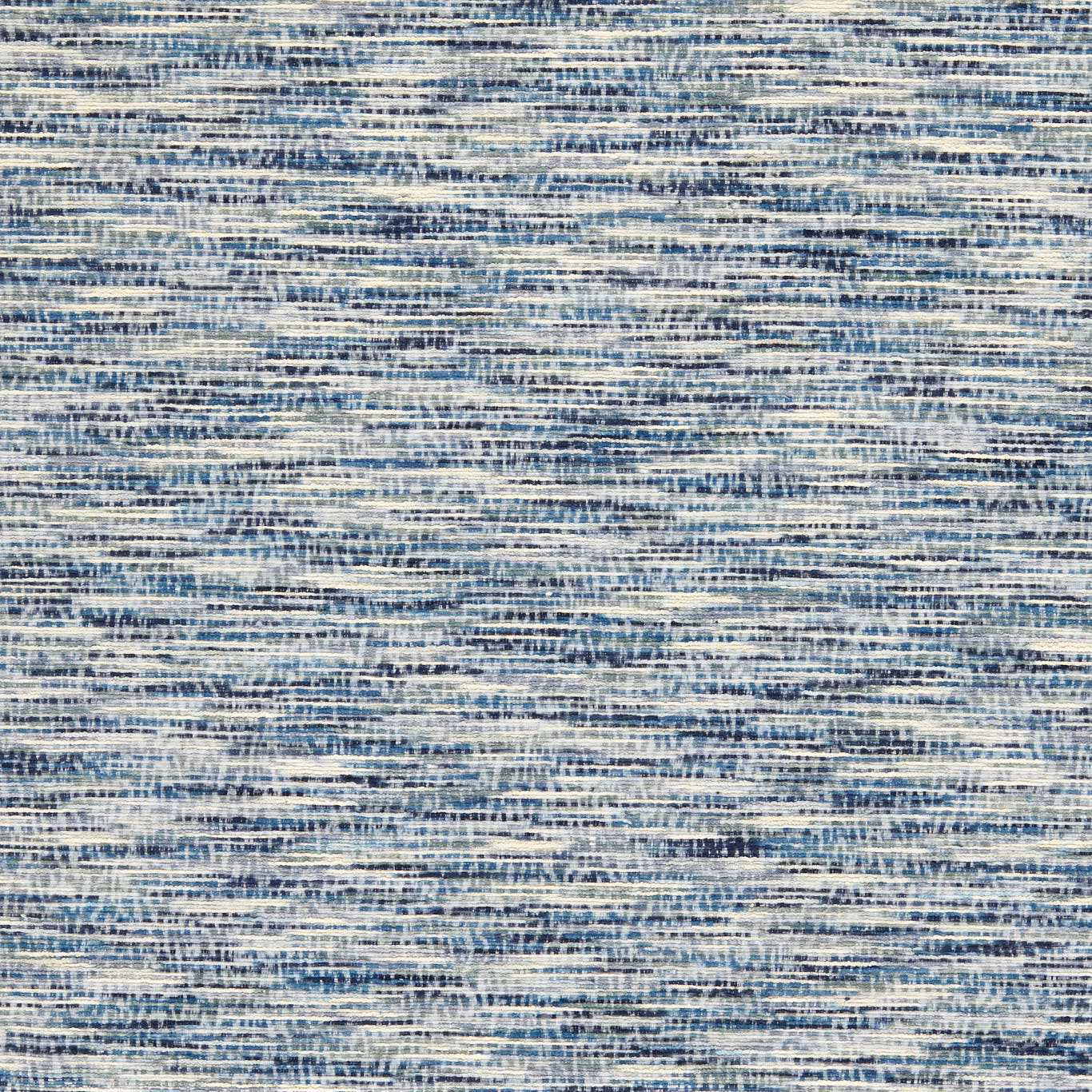 Muted denim-blue woven upholstery with irregular cream horizontal striations