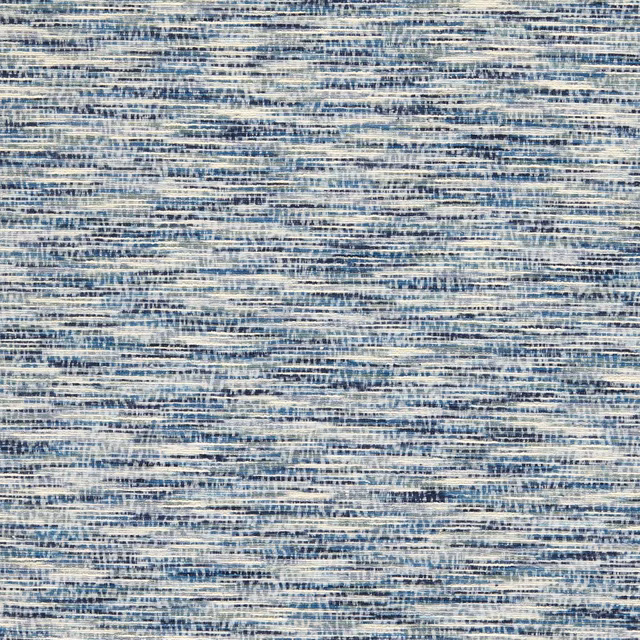 Muted denim-blue woven upholstery with irregular cream horizontal striations
