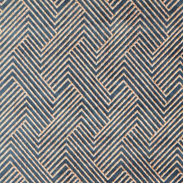Blue-grey and charcoal chevron stripes woven over a warm beige textured ground