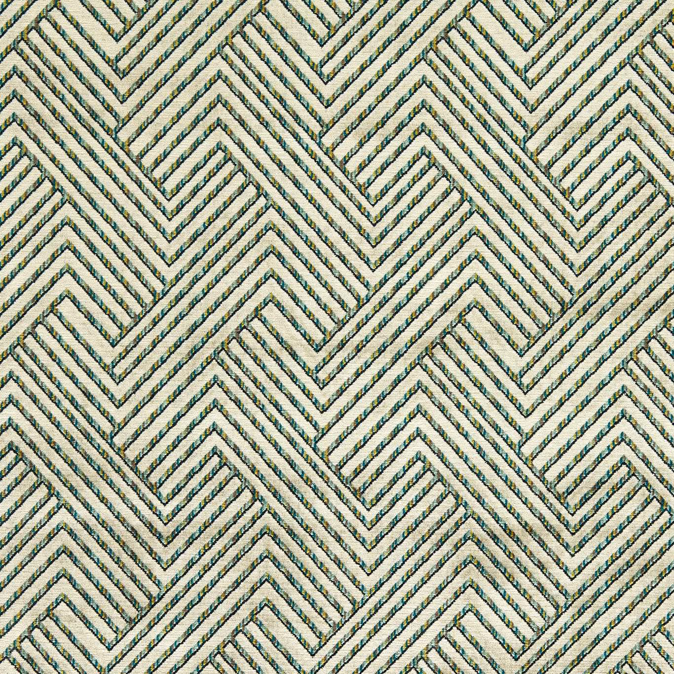 Ivory and peacock teal chevron weave with softly textured geometric stripes