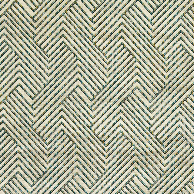 Ivory and peacock teal chevron weave with softly textured geometric stripes