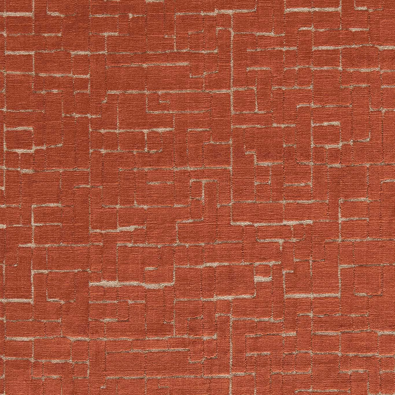 Warm copper-red woven textile with pale broken geometric lines and textured surface