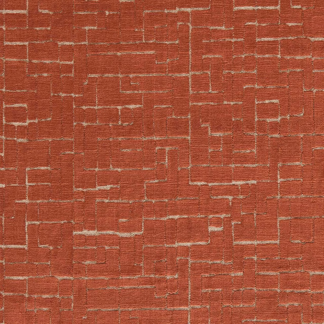 Warm copper-red woven textile with pale broken geometric lines and textured surface