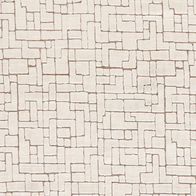 Warm ivory upholstery textile with fine taupe lines forming interlocking rectangular blocks