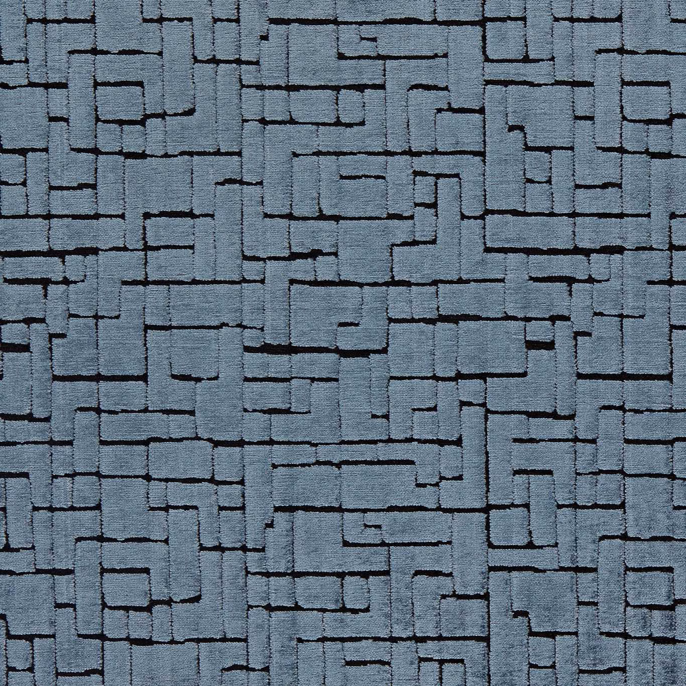 Cool blue-grey woven textile with dark navy geometric block lines and tactile texture