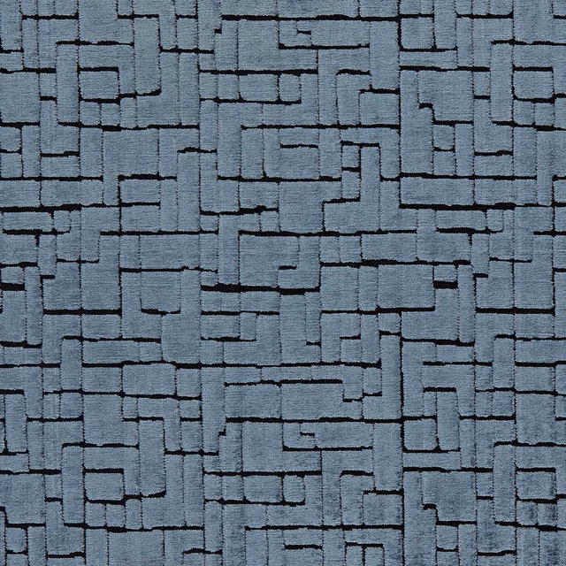 Cool blue-grey woven textile with dark navy geometric block lines and tactile texture