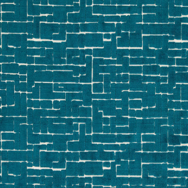 Deep peacock teal weave with cream broken rectangular lines and tactile texture