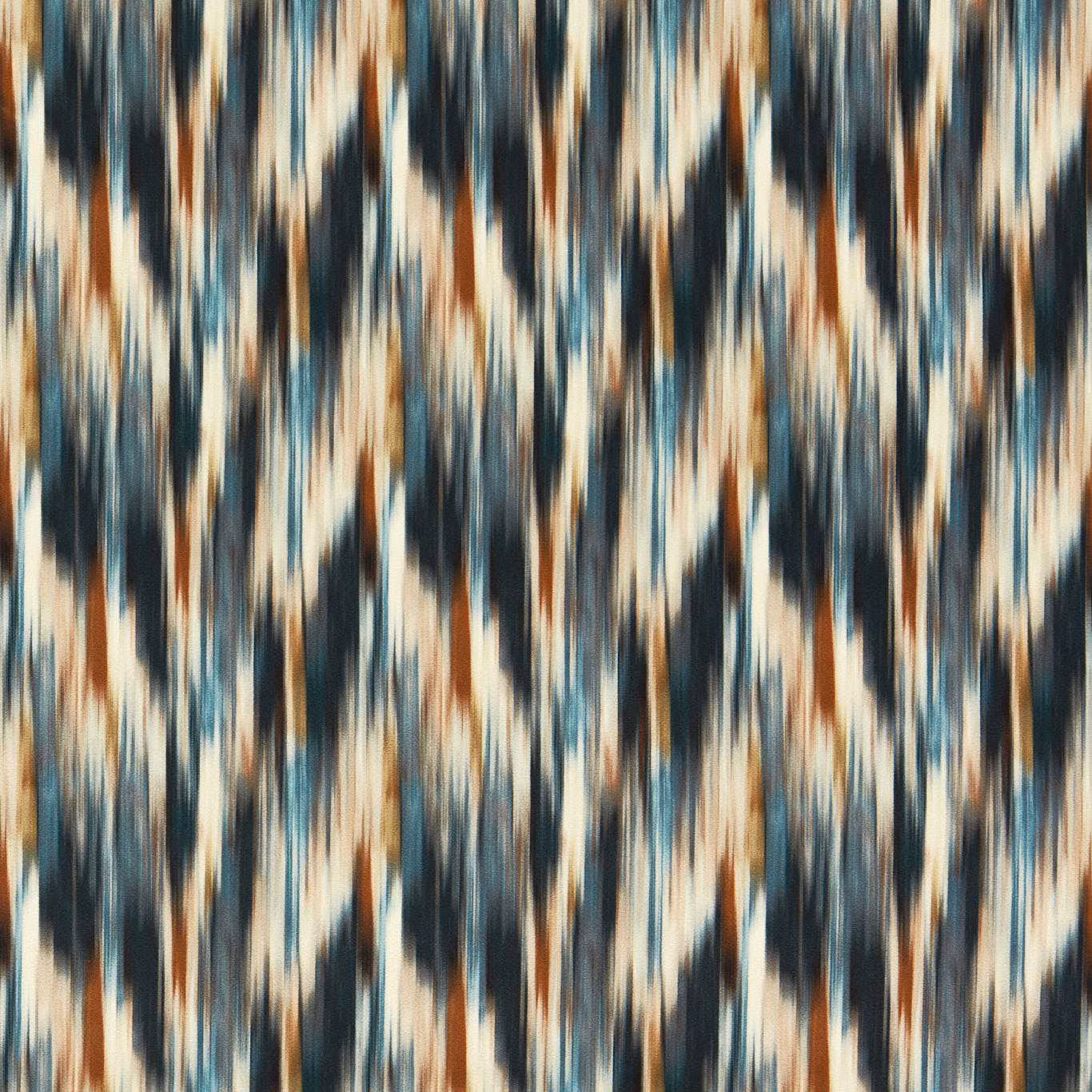 Vertical blurred streaks in charcoal, teal, cream and rust across a woven swatch