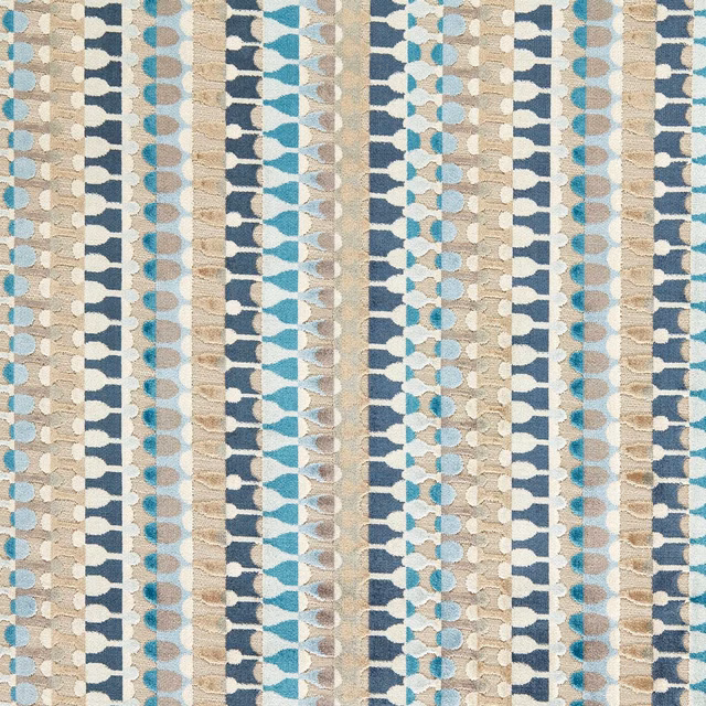 Denim blue and aqua geometric stripes with cream and taupe woven texture