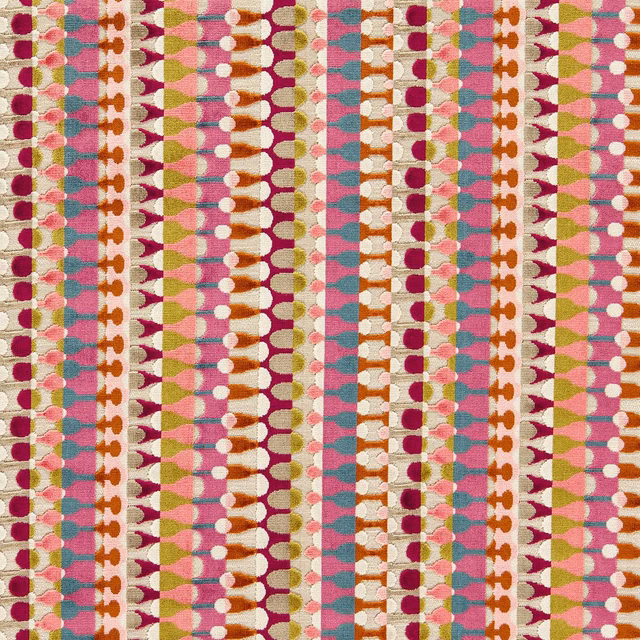Magenta and peacock teal geometric stripe fabric with tactile woven texture
