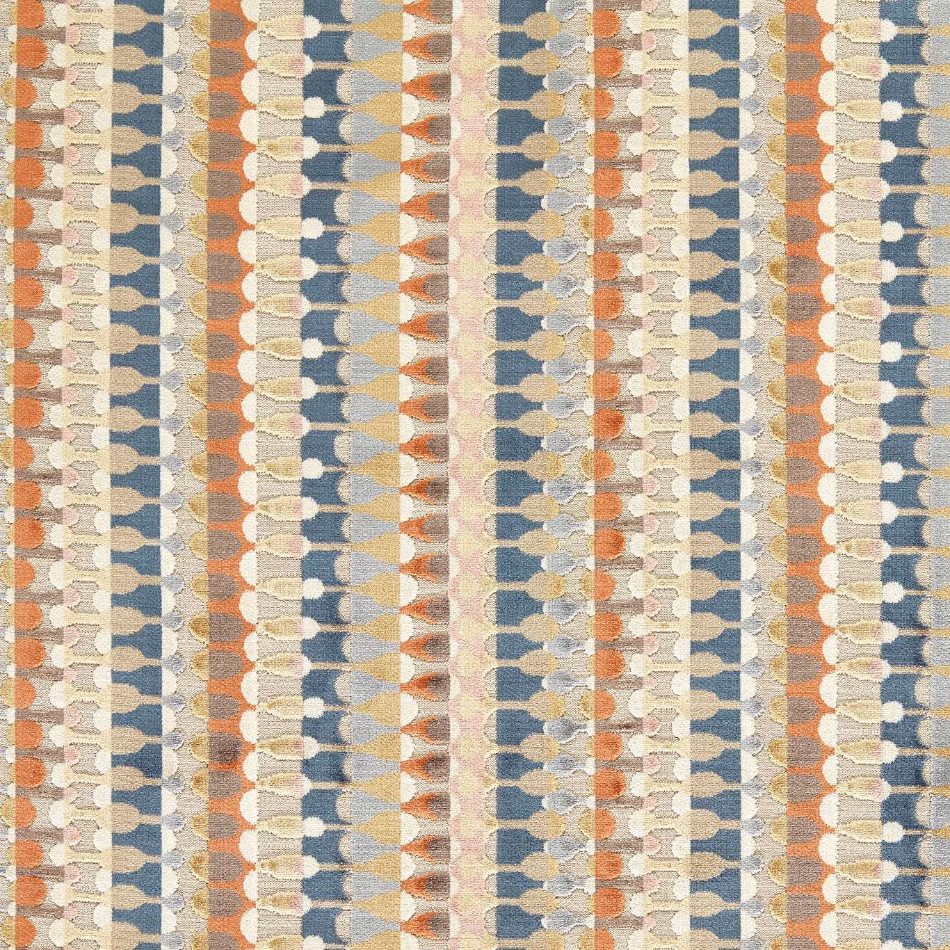 Blue-grey, rust and ochre geometric vertical stripe fabric with a textured woven surface