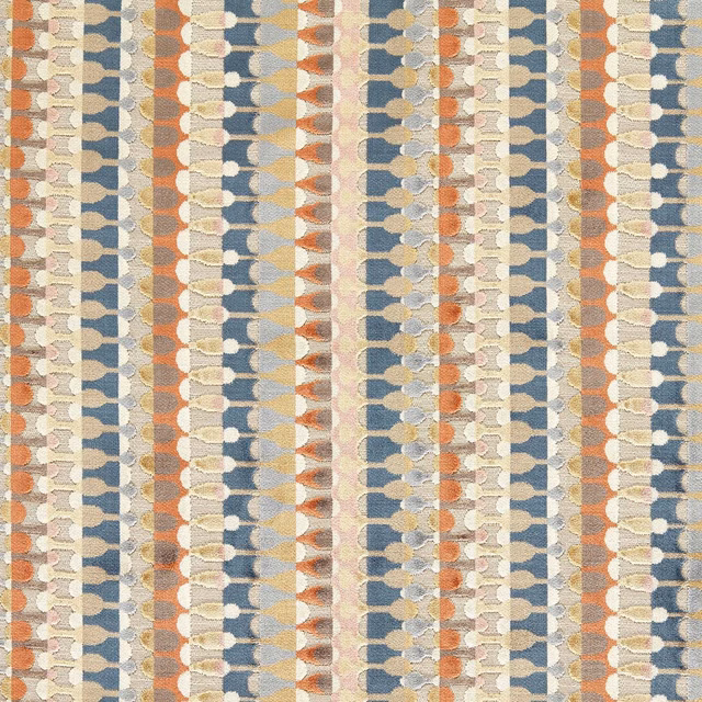 Blue-grey, rust and ochre geometric vertical stripe fabric with a textured woven surface