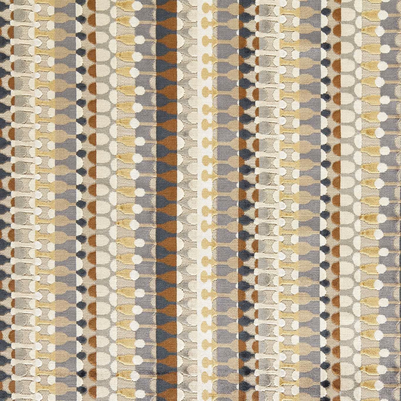 Warm natural striped weave with cream ovals, charcoal bands and ochre accents