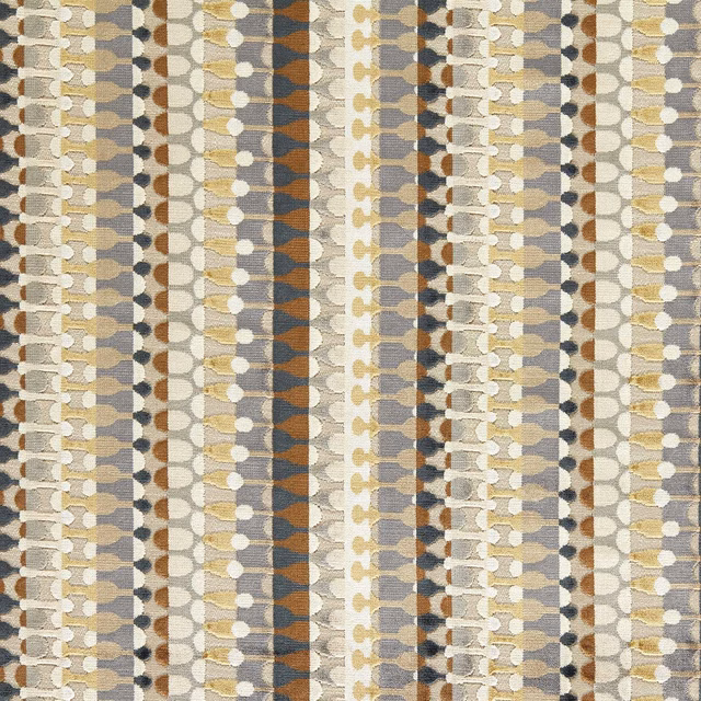 Warm natural striped weave with cream ovals, charcoal bands and ochre accents