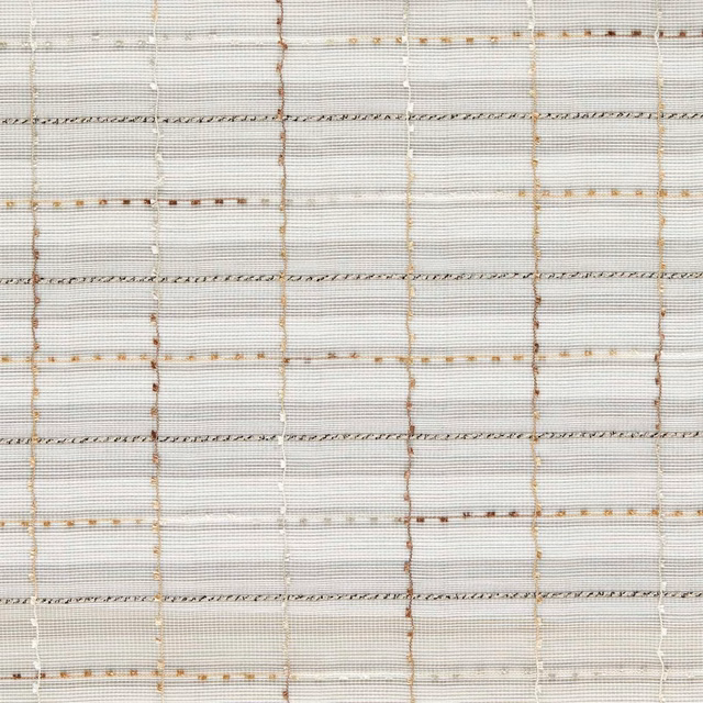 Pale grey sheer check with charcoal lines and warm ochre flecks