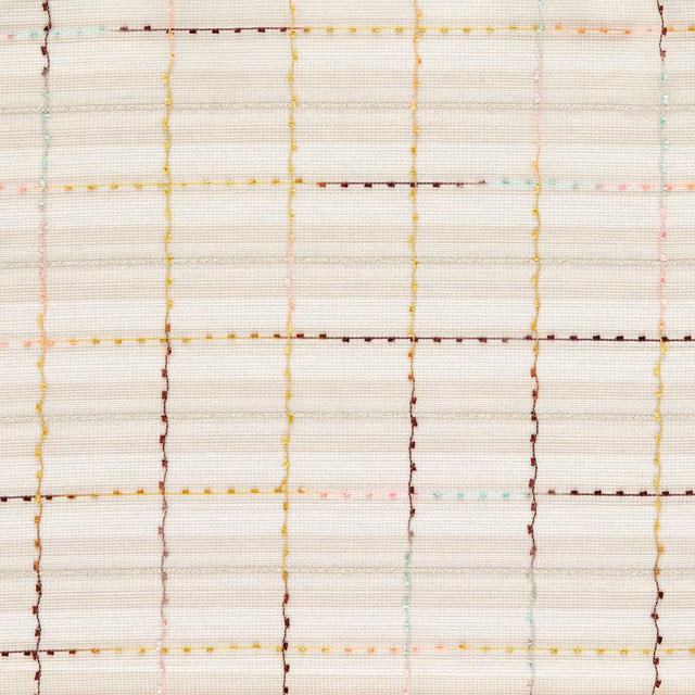 Ivory sheer fabric with pastel yellow, pink, mint and berry grid lines