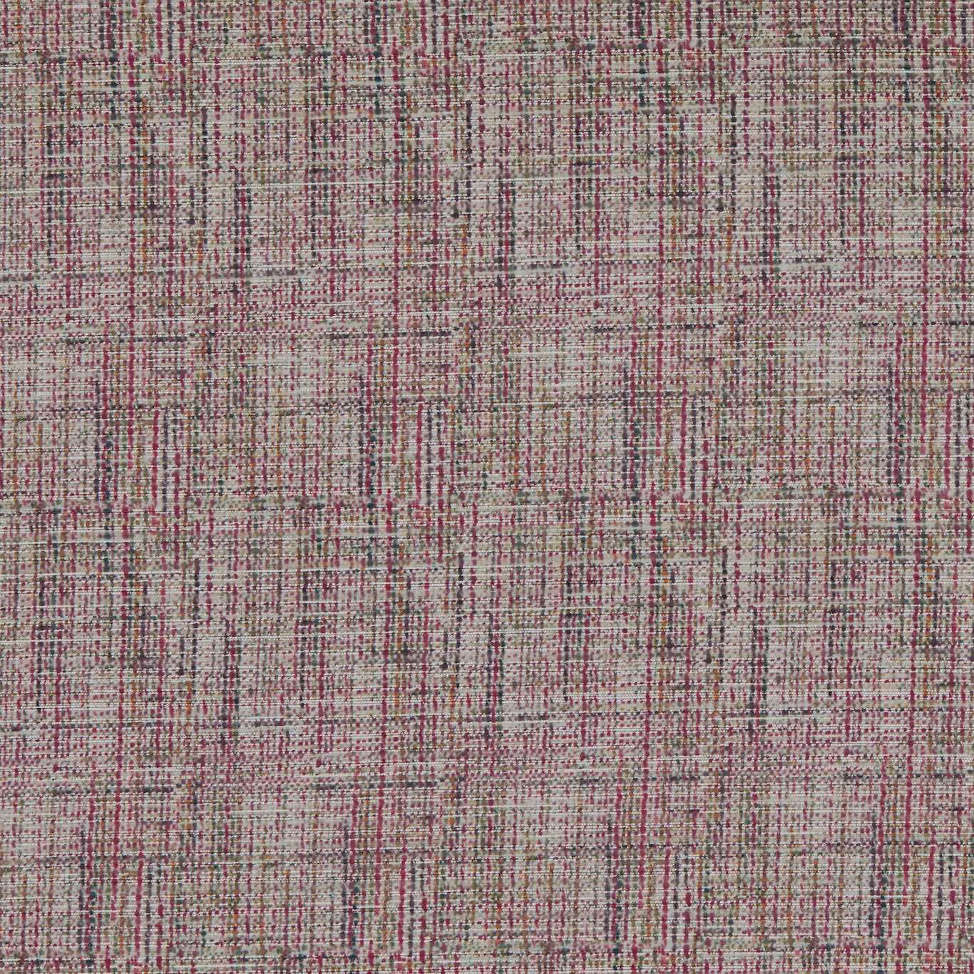 Pale taupe woven sheer with fine raspberry, plum and charcoal grid-like threads