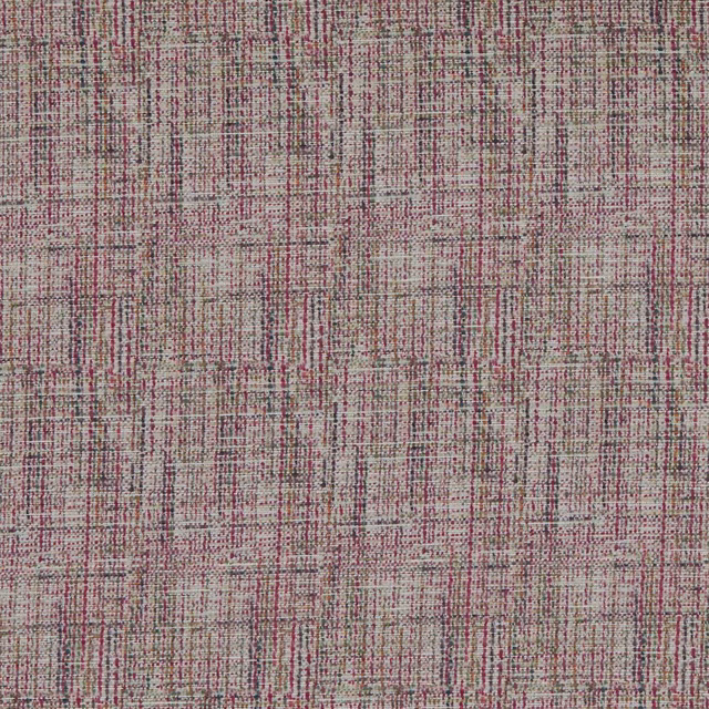 Pale taupe woven sheer with fine raspberry, plum and charcoal grid-like threads