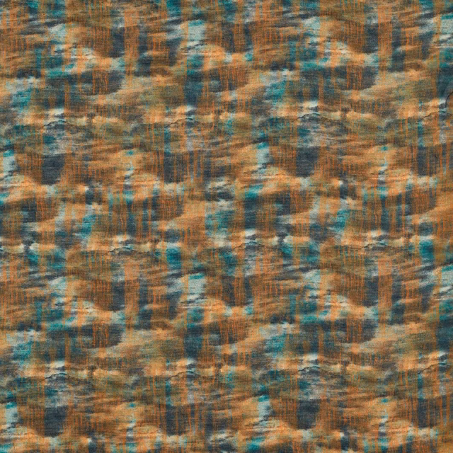 Painterly teal, rust and bronze woven fabric with irregular textured bands