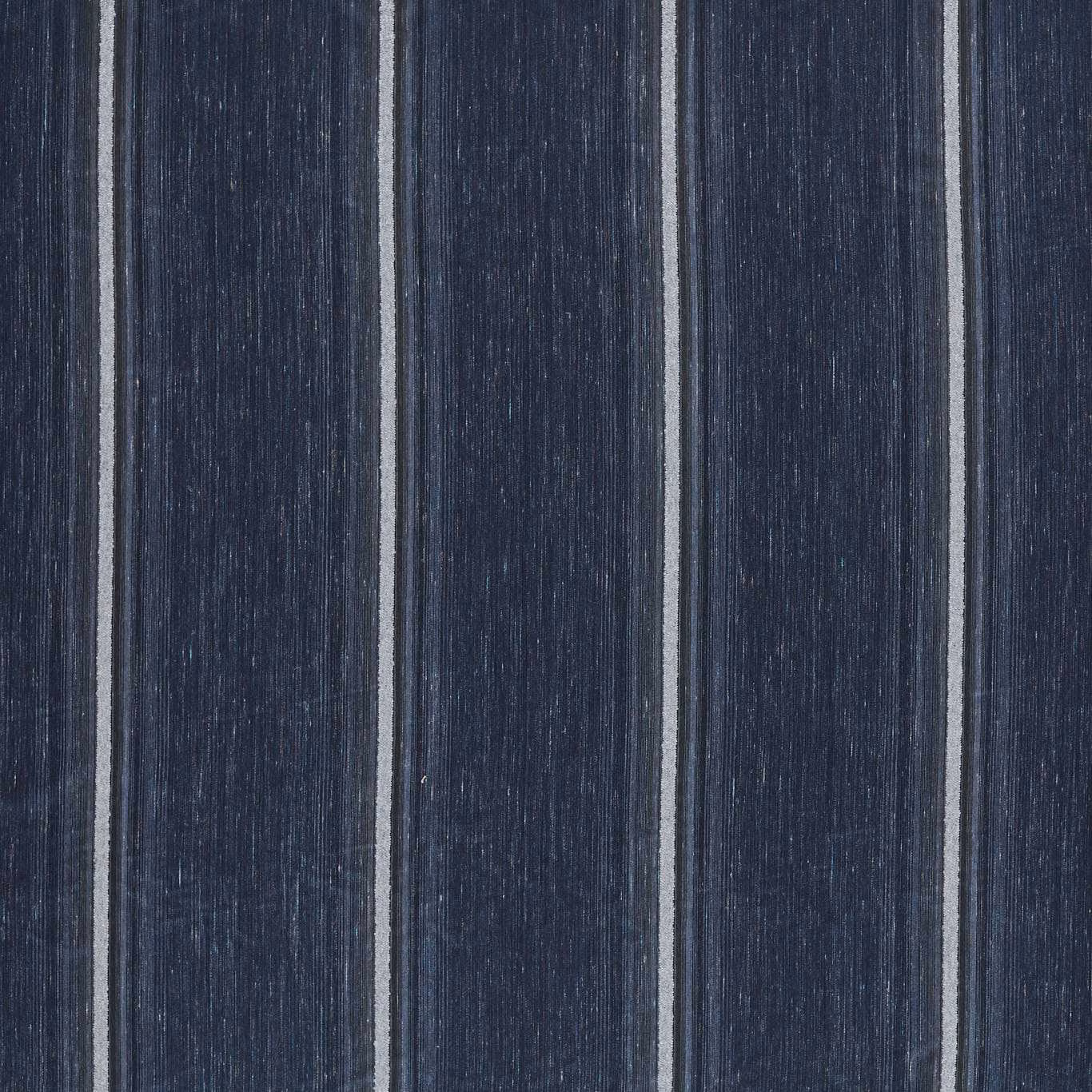 Midnight navy sheer with pale grey vertical stripes and fine slub texture