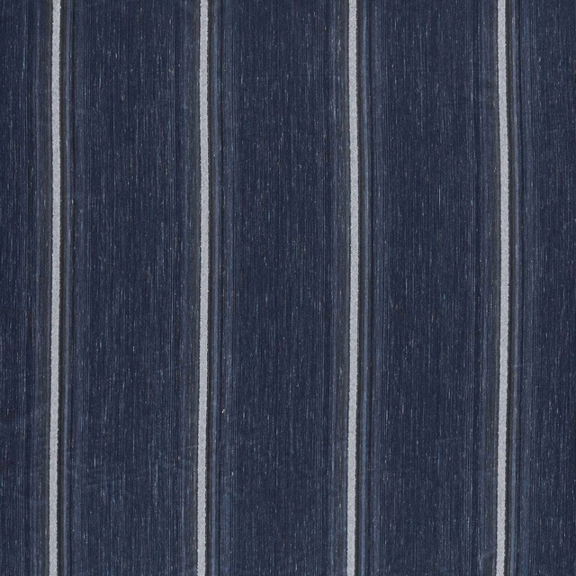 Midnight navy sheer with pale grey vertical stripes and fine slub texture