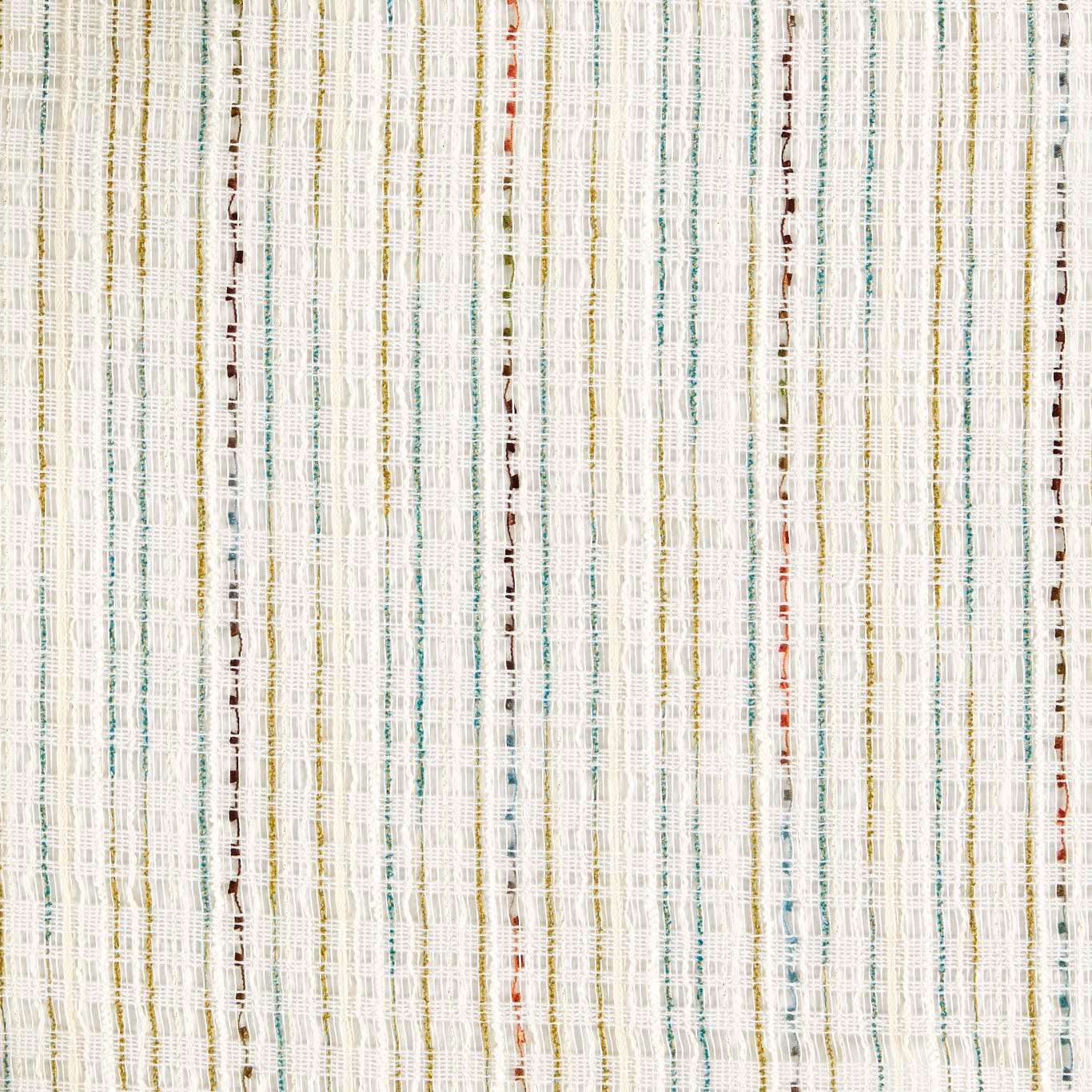 Ivory sheer with fine teal, ochre, red and brown vertical threads
