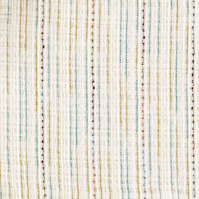 Ivory sheer with fine teal, ochre, red and brown vertical threads