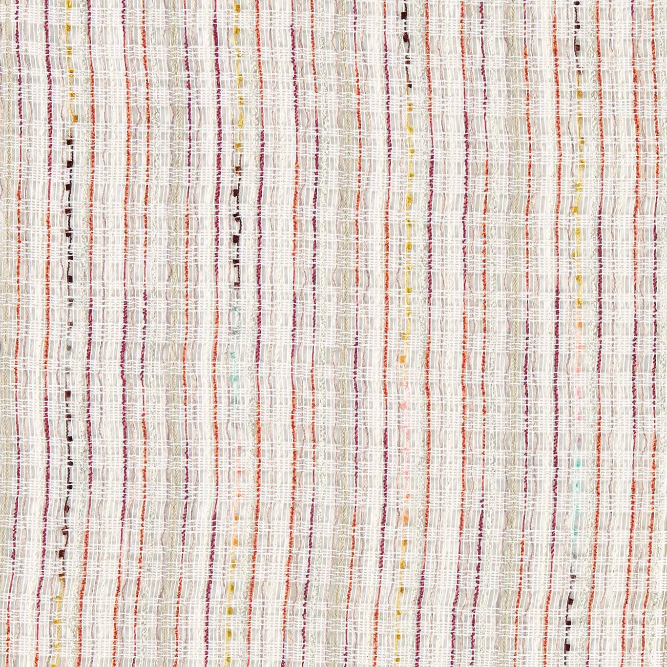 Ivory sheer fabric with fine coral, mustard, aqua and charcoal vertical stripes