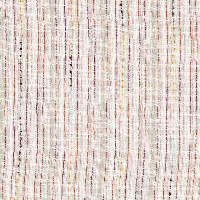 Ivory sheer fabric with fine coral, mustard, aqua and charcoal vertical stripes