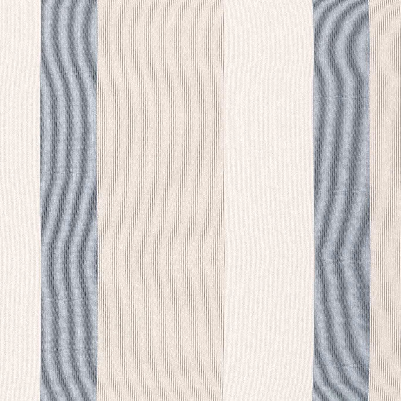 Cool denim-blue vertical bands with fine ivory pinstripes on a sheer weave