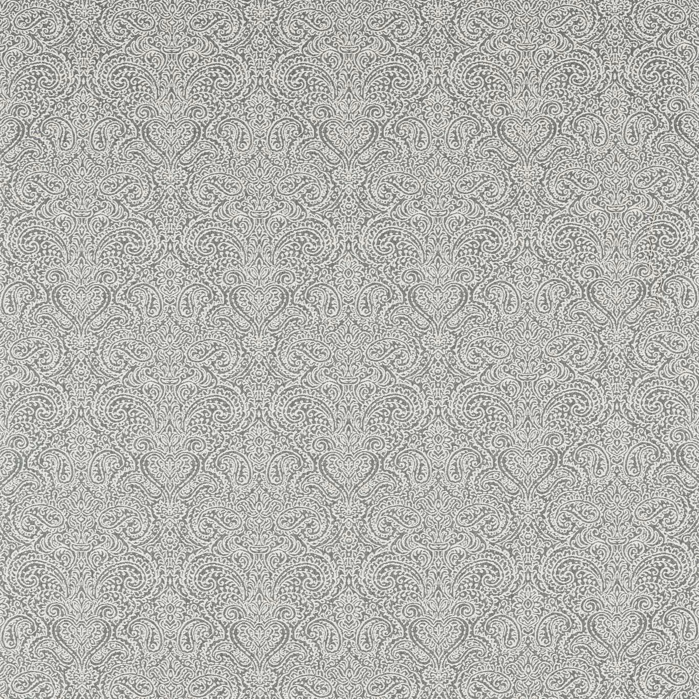Charcoal grey textile with pale silver paisley curls in a dense repeating pattern